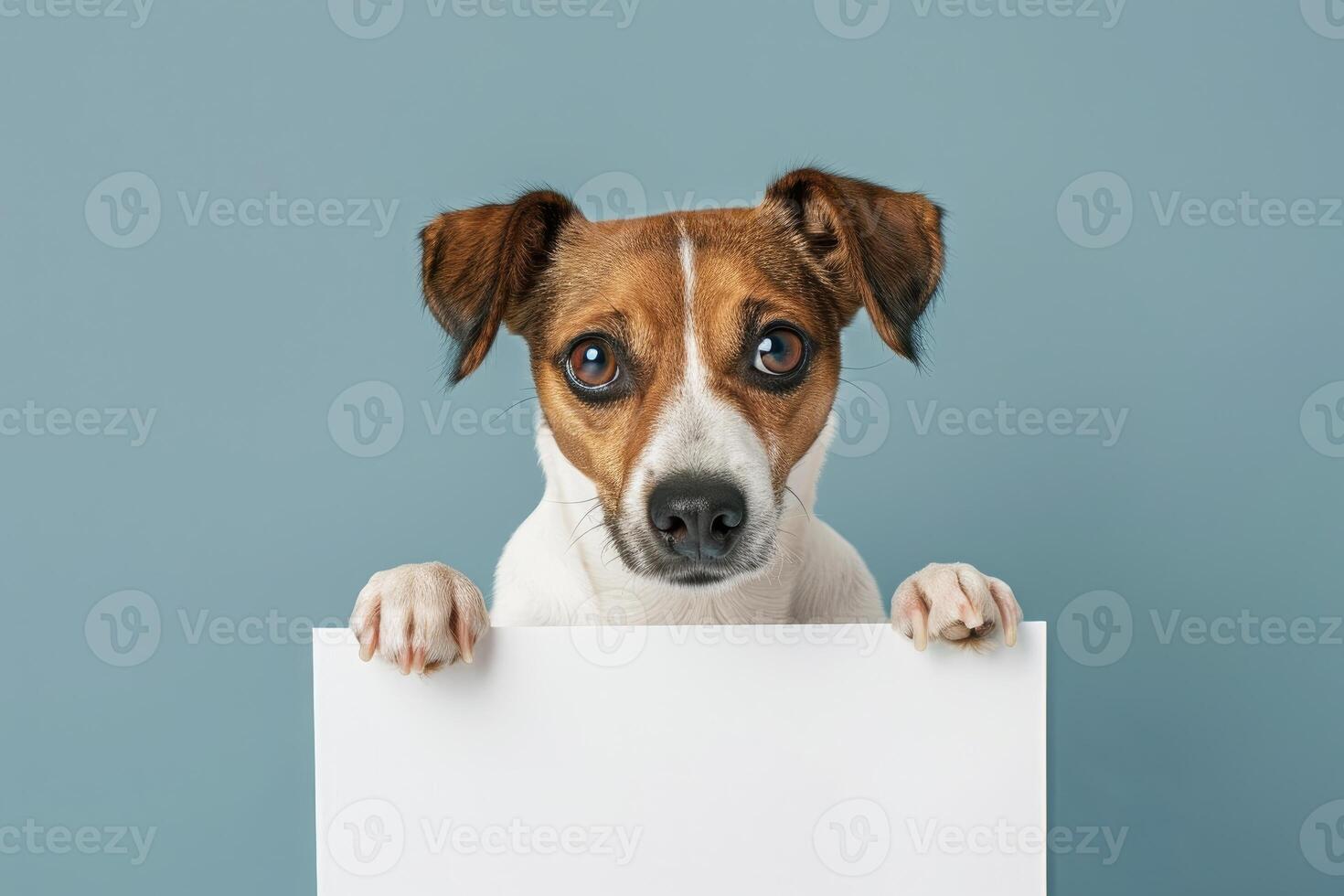 Cute jack russell terrier holding blank white sign on blue background photo