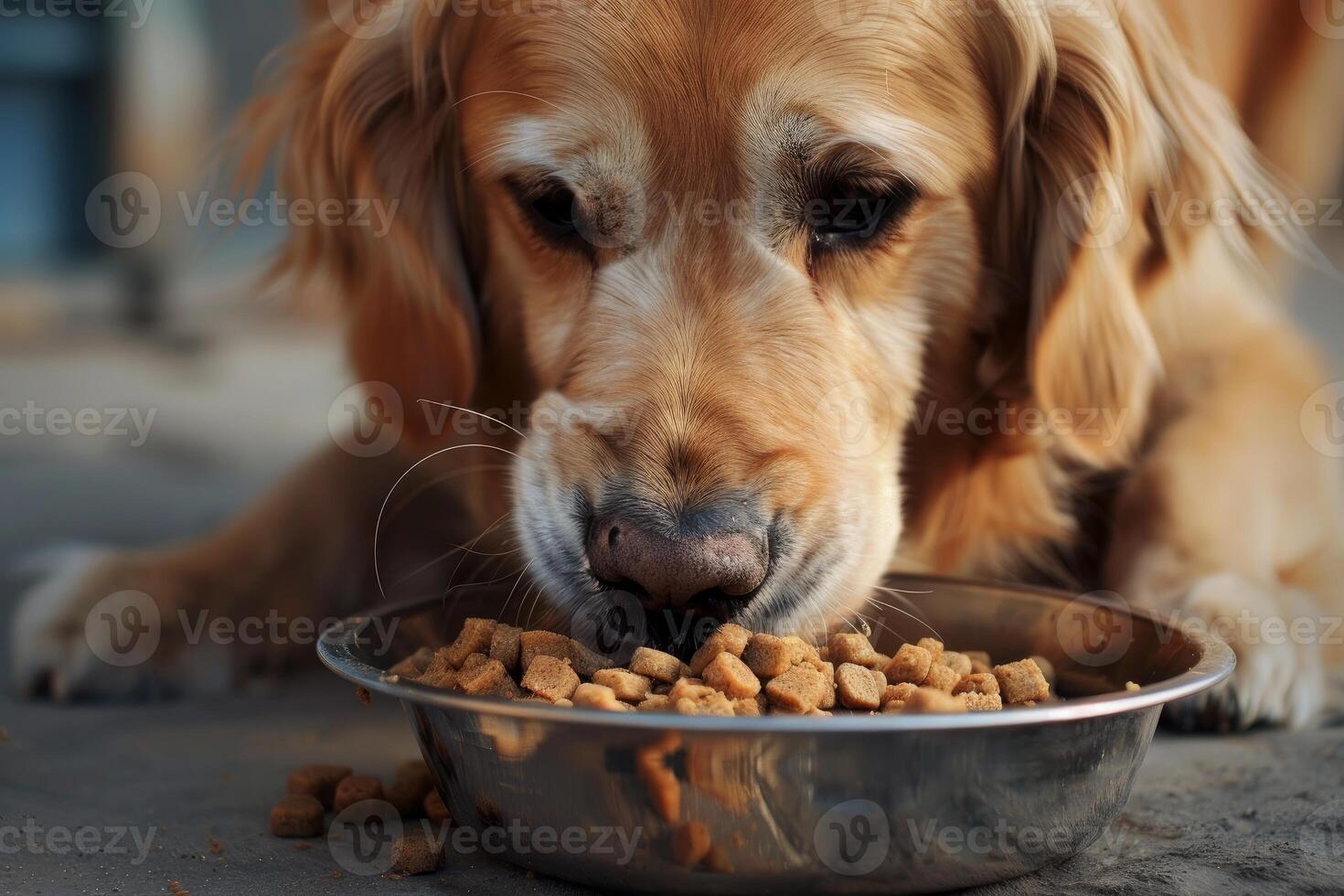 Golden retriever dog eating dry food from metal bowl photo