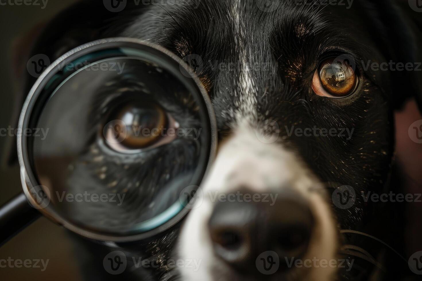 Black and white dog looking through magnifying glass, exploring with curiosity photo