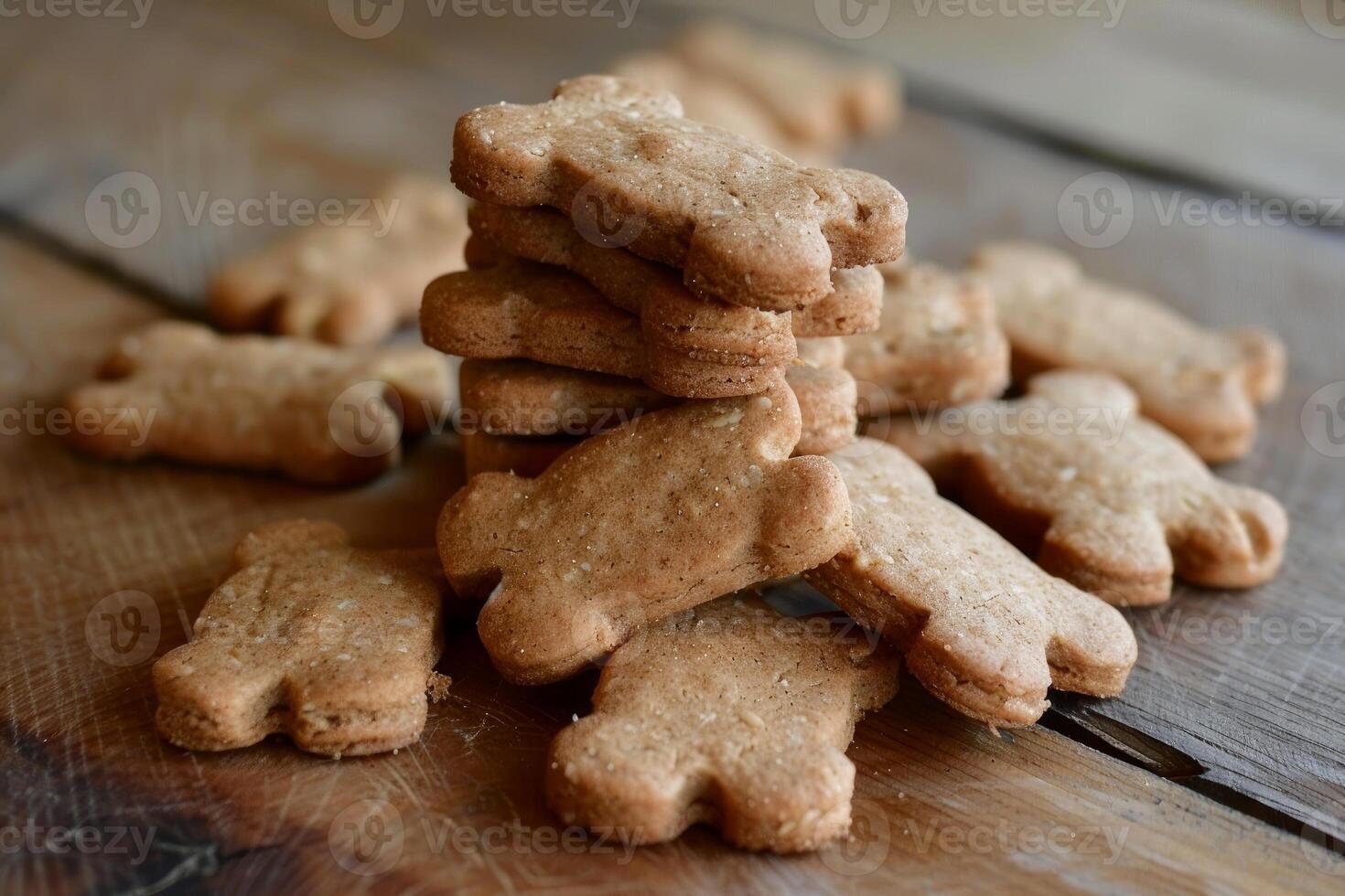 Stack of teddy bear shaped cookies resting on rustic wooden table photo