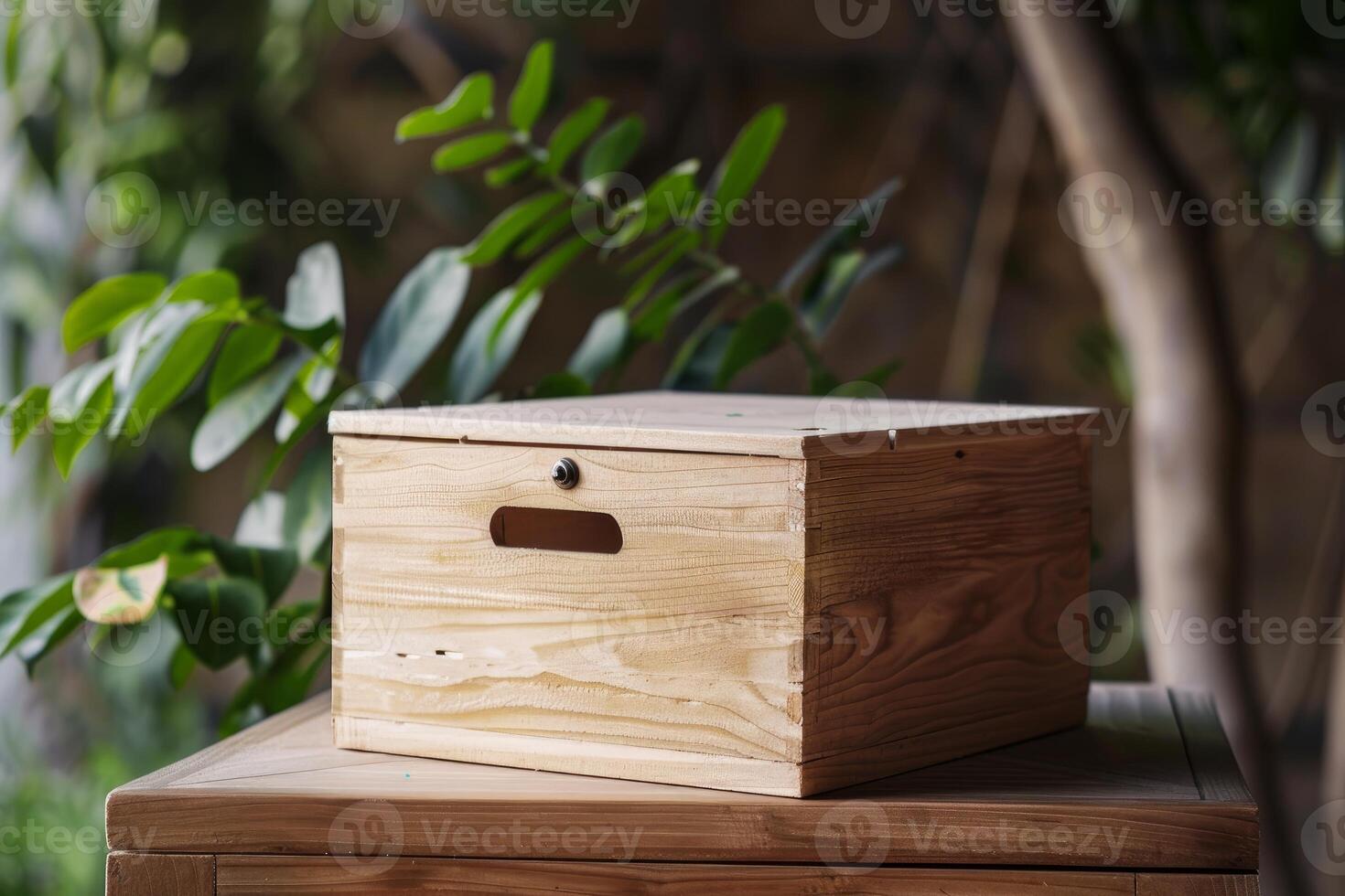 Closed wooden box sitting on table outdoors with plants in background photo