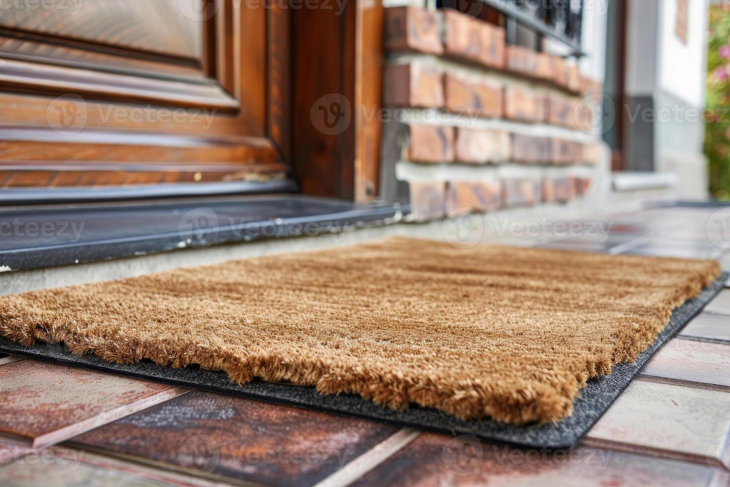 Brown doormat placed on tiles in front of wooden door and brick wall photo