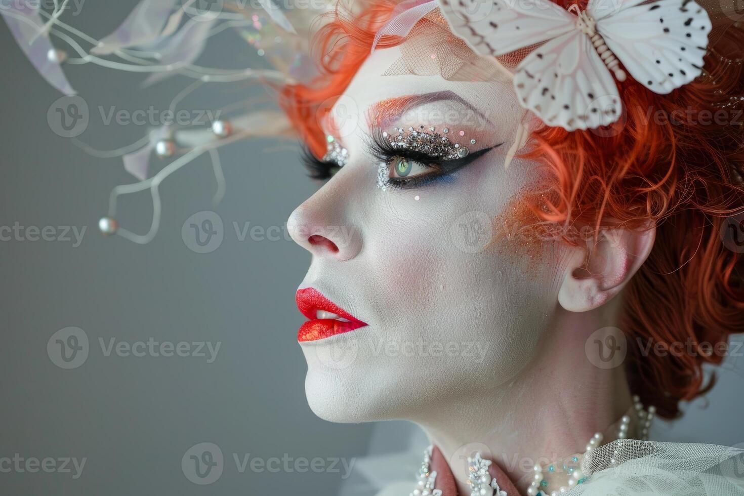Drag queen wearing fantasy makeup and headdress posing in profile photo