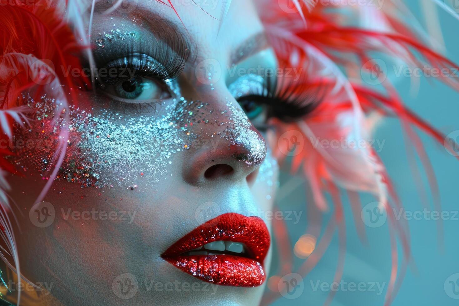 Model showing creative makeup with red lipstick, glitter and feathers photo
