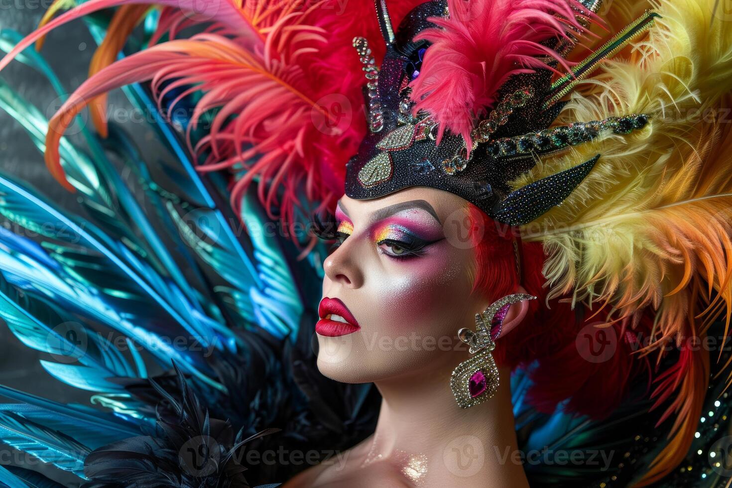 Drag queen wearing colorful feathered headdress and makeup posing in studio photo