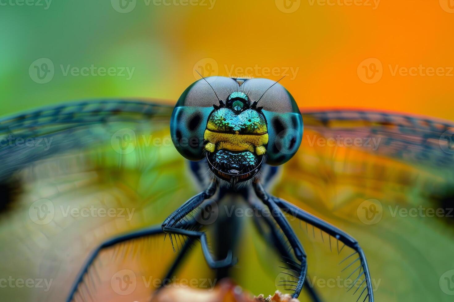 Colorful dragonfly showing its compound eyes and blurred wings in macro photography photo