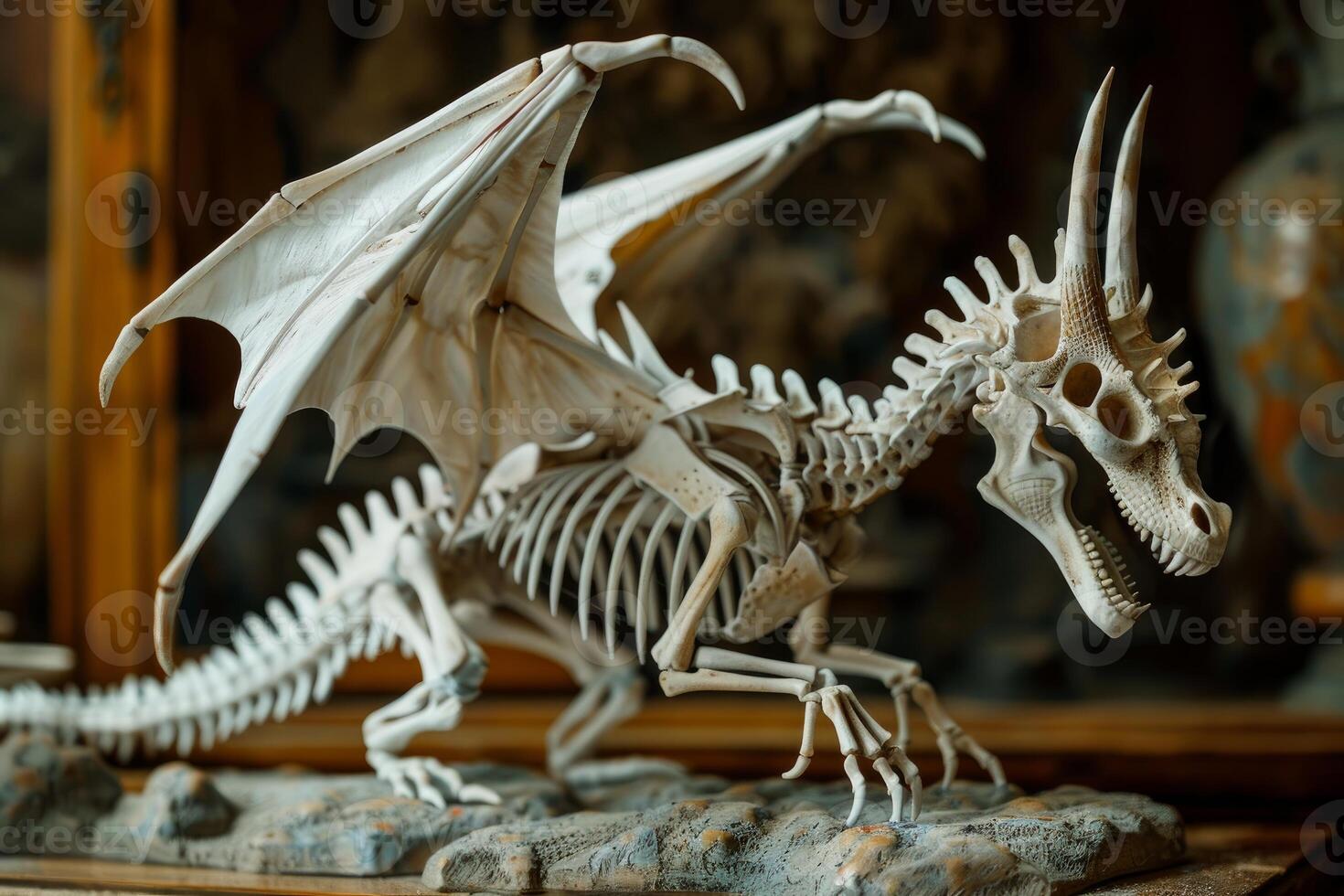 Dragon skeleton standing on a rock with open wings photo