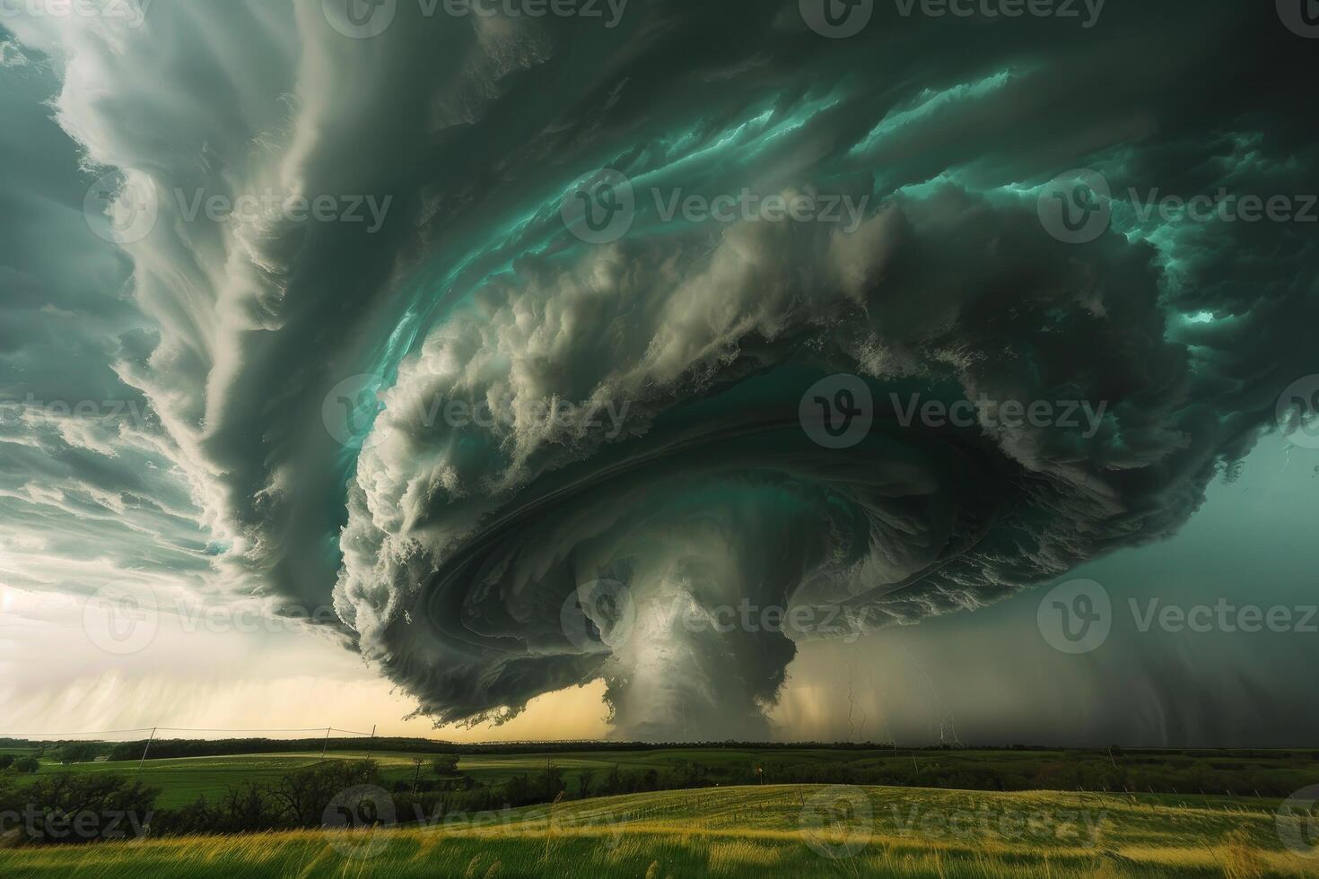 Supercell storm generating a tornado over green fields photo