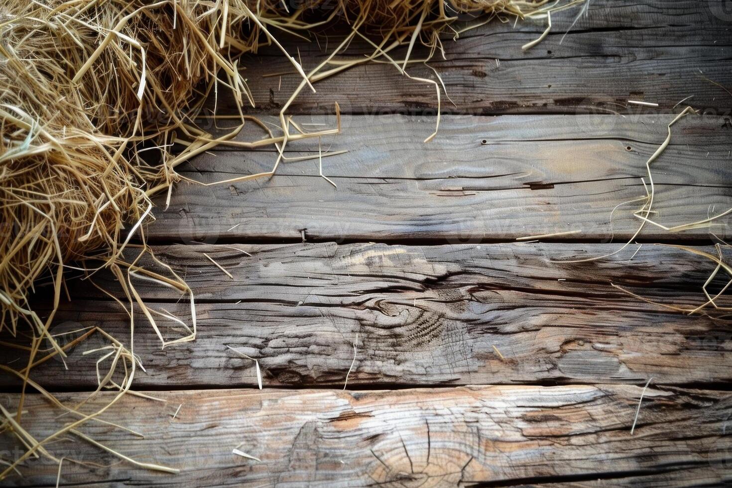 Dry hay covering part of rustic wooden planks background photo
