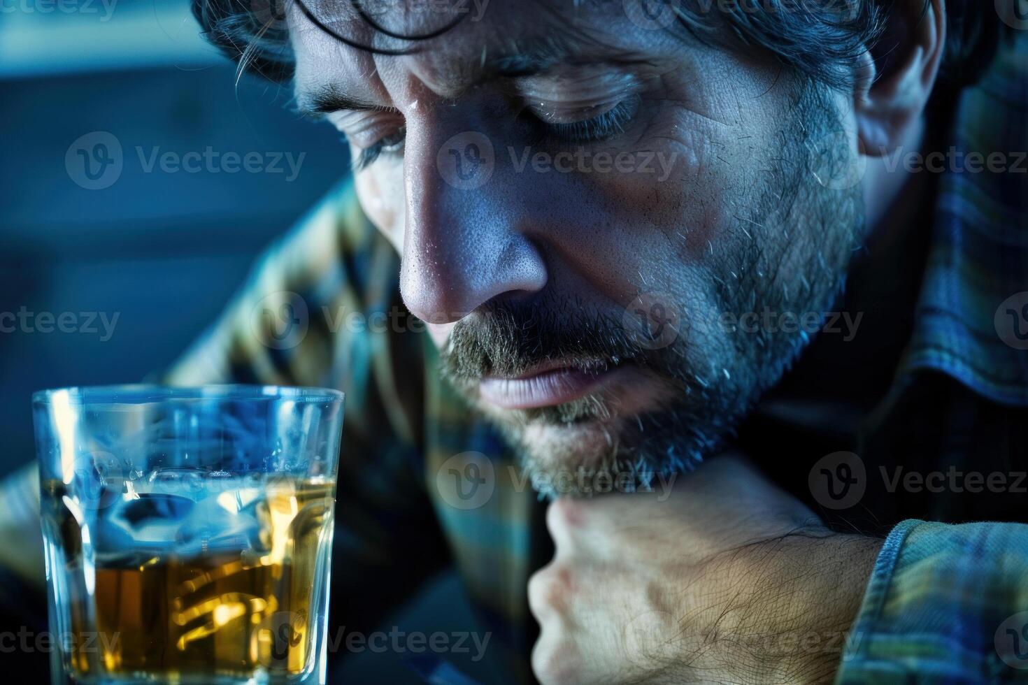 Depressed man drinking alcohol at night photo