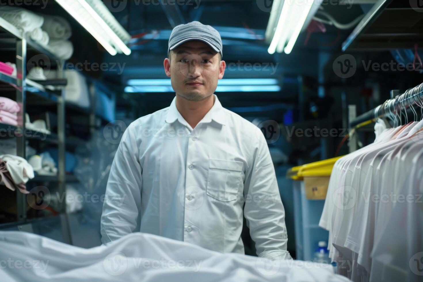 Laundry worker standing near clean white clothes in industrial laundry service photo