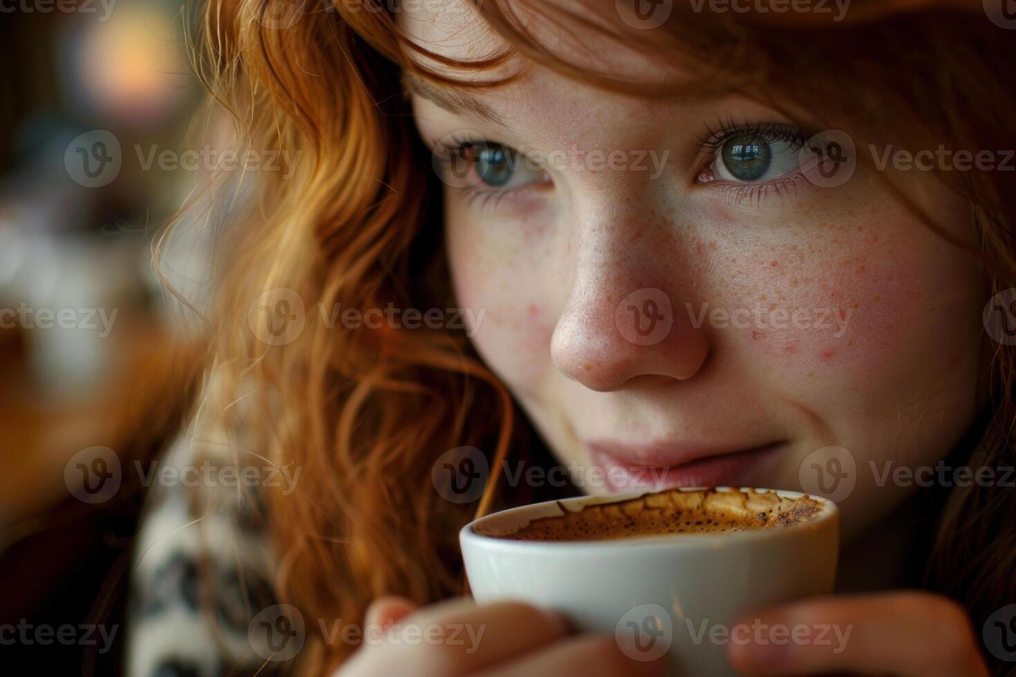 Redhead woman enjoying cappuccino in cafe photo