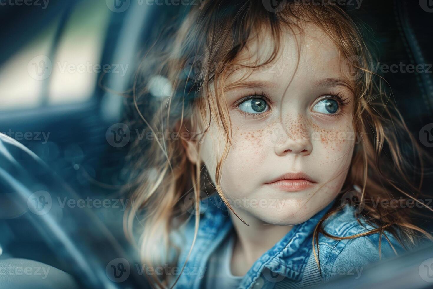 Little girl looking out car window feeling sad and lonely photo