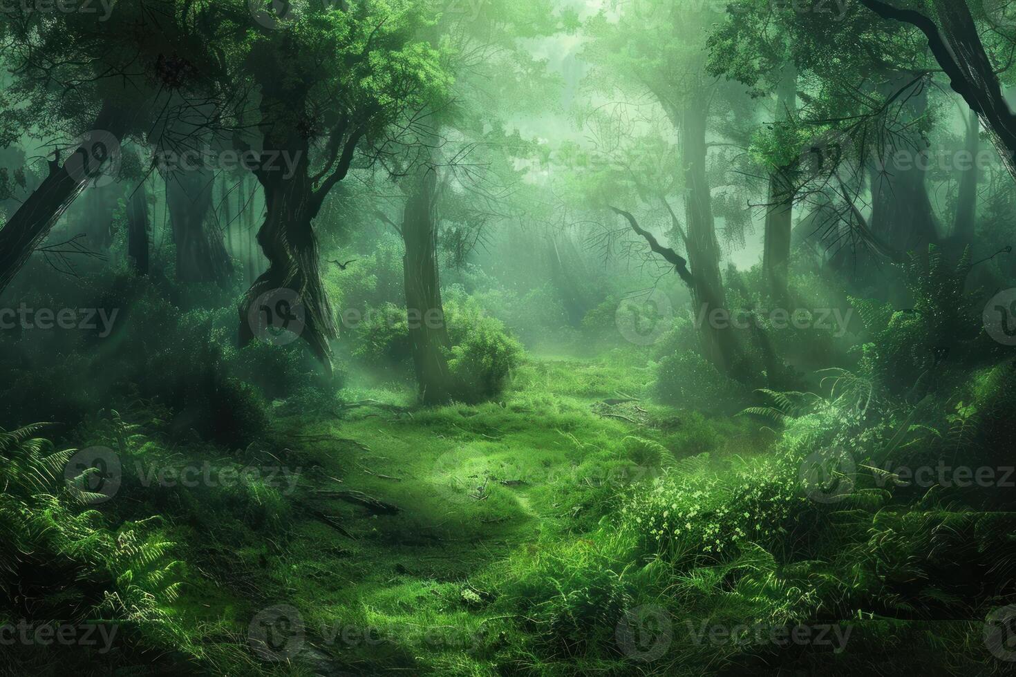 Sunbeams shining through fog in a lush green forest photo