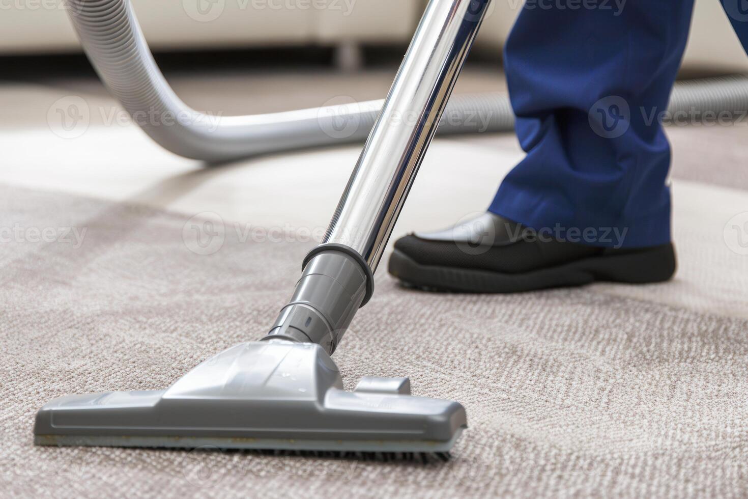 Janitor vacuuming carpet in hotel room using vacuum cleaner photo