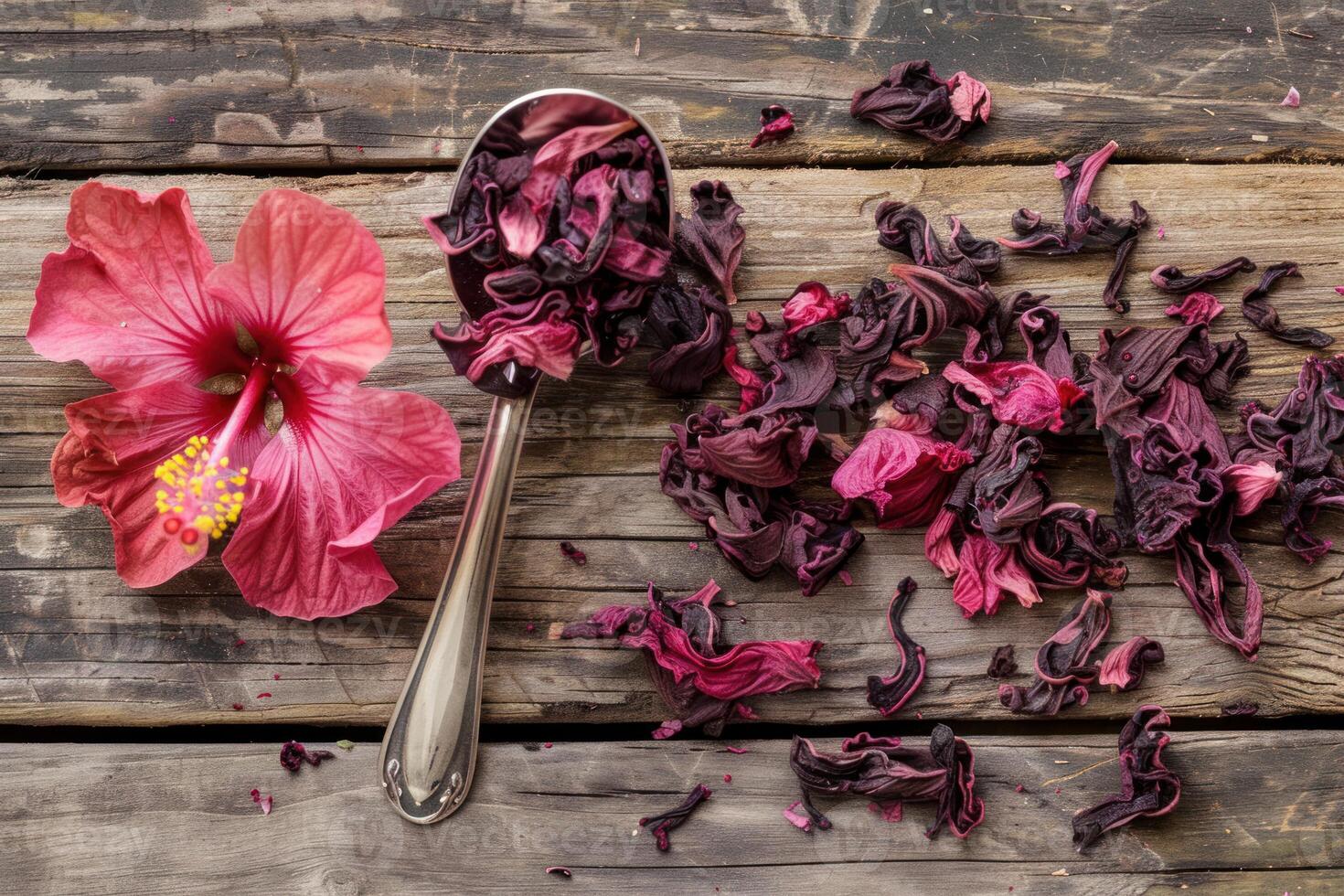 Dried hibiscus petals for tea with fresh hibiscus flower and vintage spoon on rustic wooden table photo