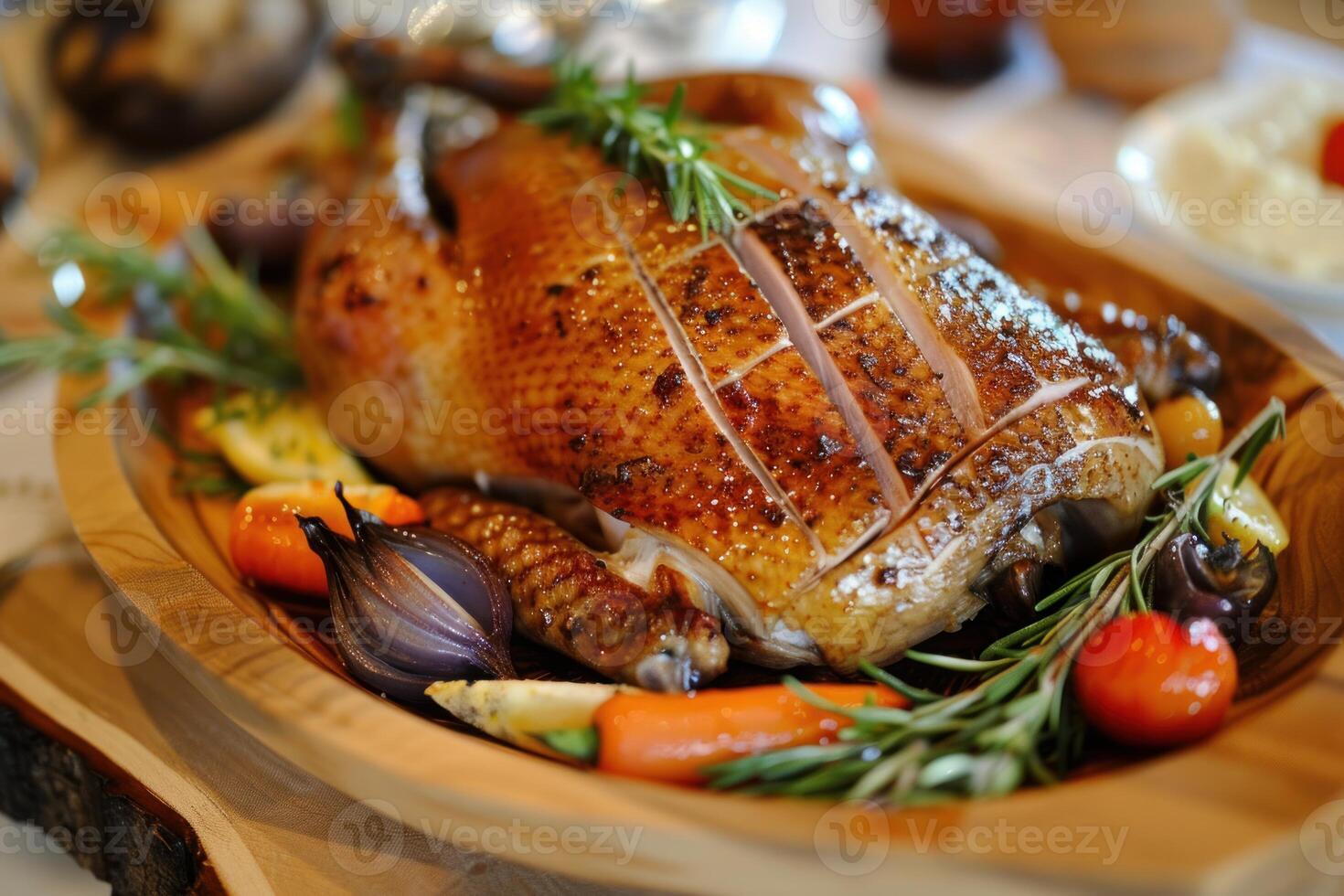 Delicious roasted duck with vegetables and rosemary on wooden plate photo