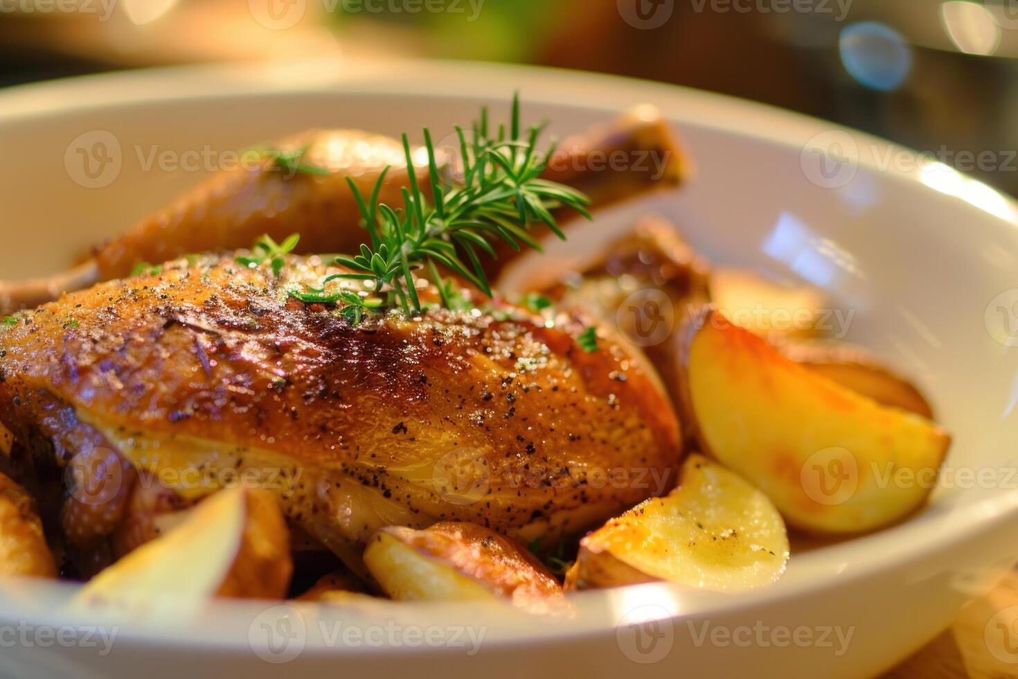 Roasted chicken with potatoes and rosemary in a white bowl photo
