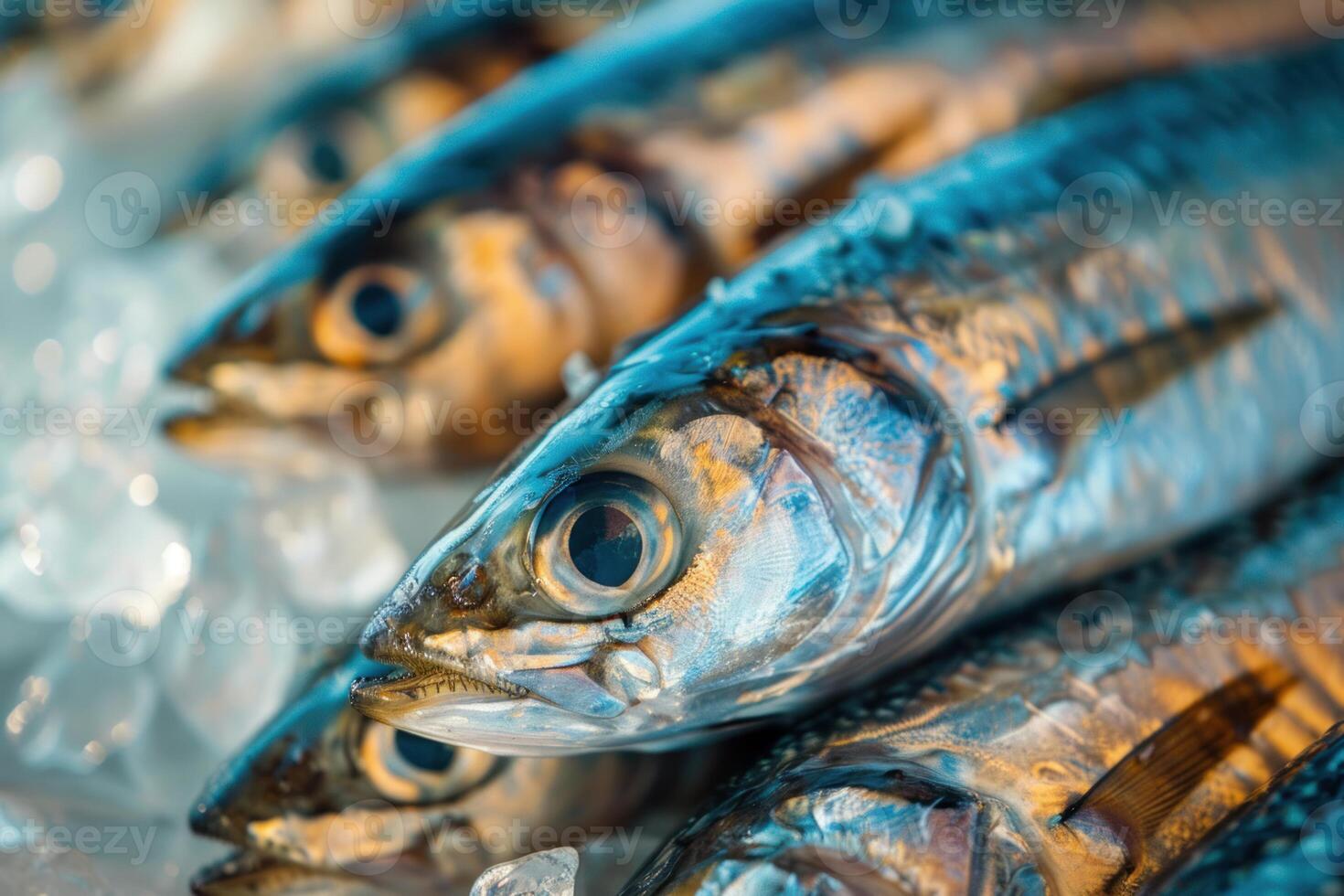 Fresh mackerel fish displayed on ice in fish market photo