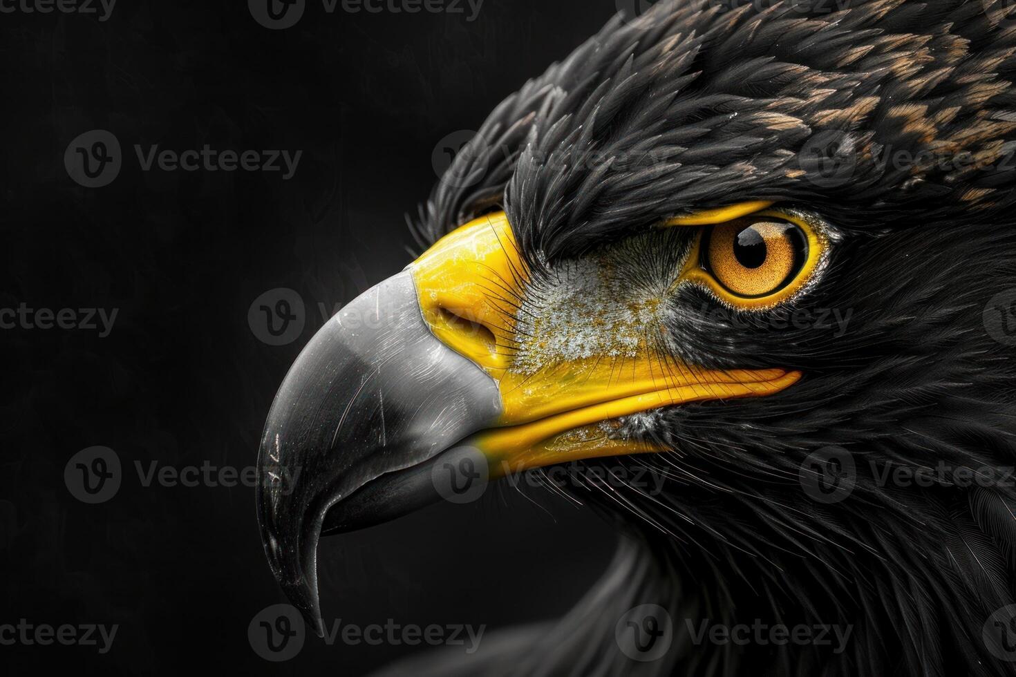 Striking portrait of golden eagle showing powerful beak and intense gaze photo