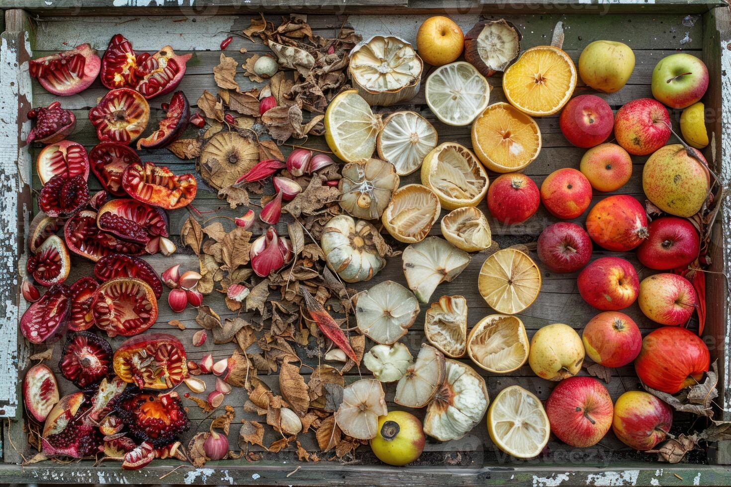 Fresh and dry pomegranates, lemons and apples arranged on rustic wooden tray photo