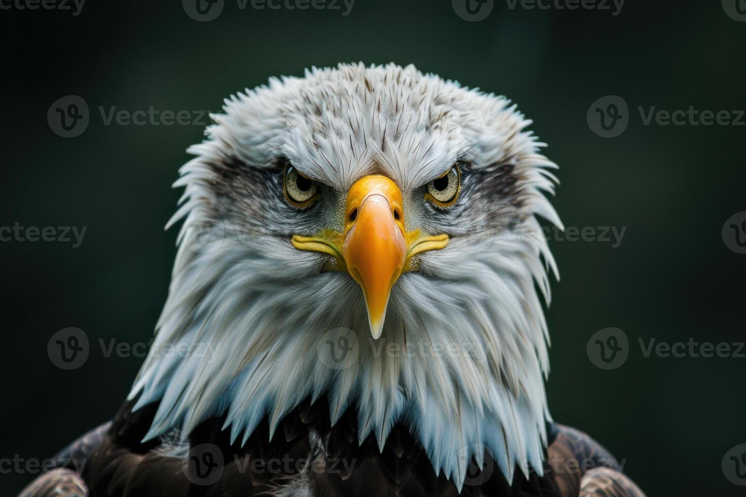 Majestic bald eagle staring with intense gaze on dark background photo