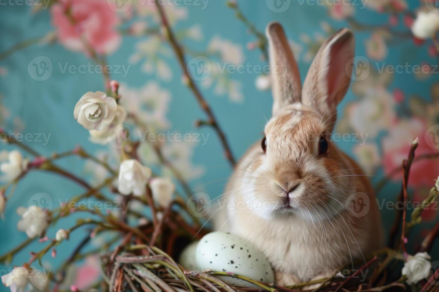 Easter bunny sitting in nest with decorated eggs and spring flowers photo