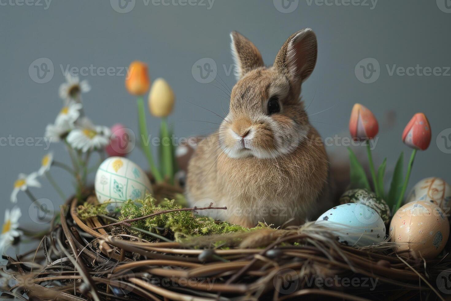 Cute easter bunny sitting in nest with decorated eggs and spring flowers photo