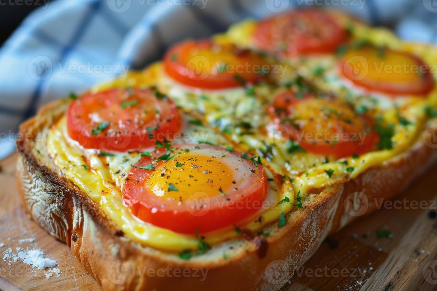 Delicious toast with eggs, tomatoes, cheese, and parsley for breakfast photo
