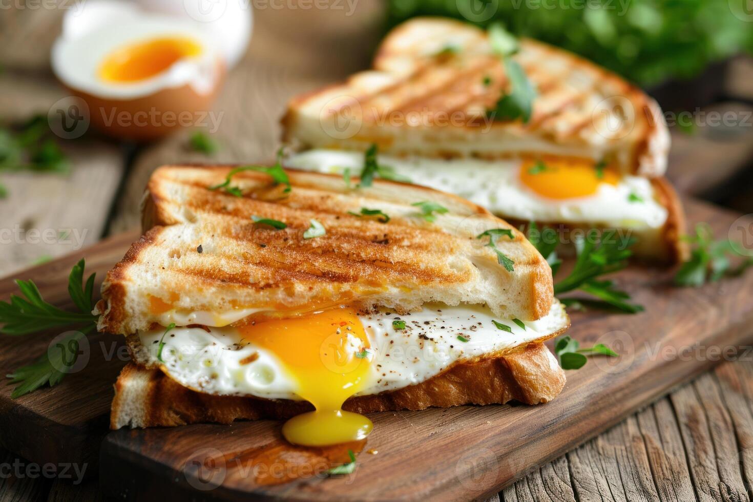 Delicious egg sandwiches with parsley on wooden cutting board photo