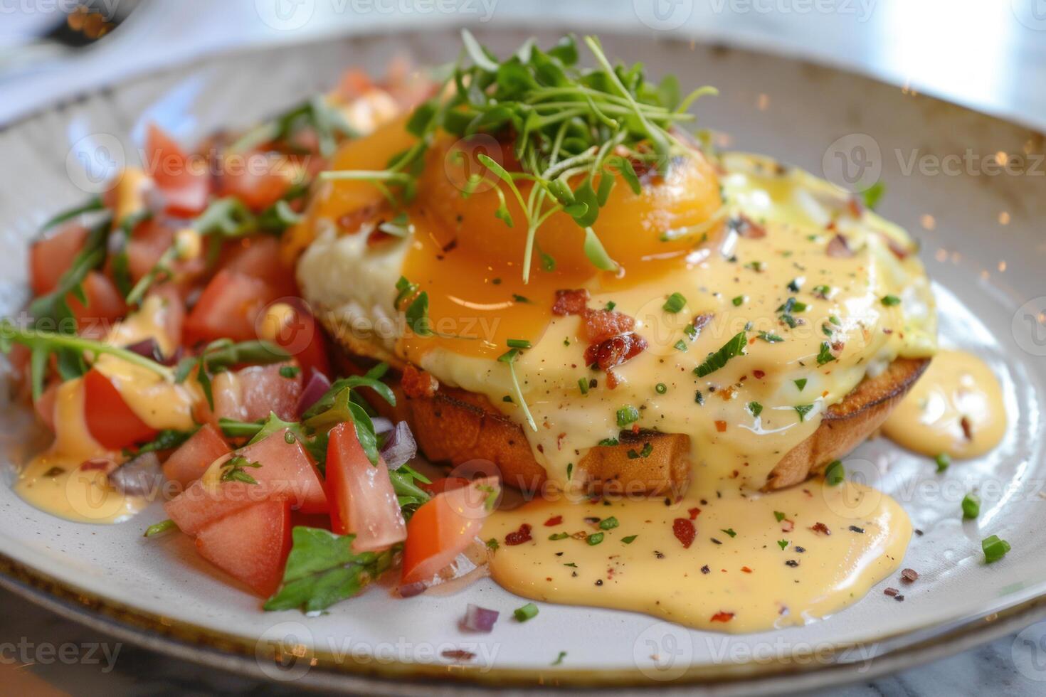 Delicious eggs benedict with hollandaise sauce being served for breakfast photo