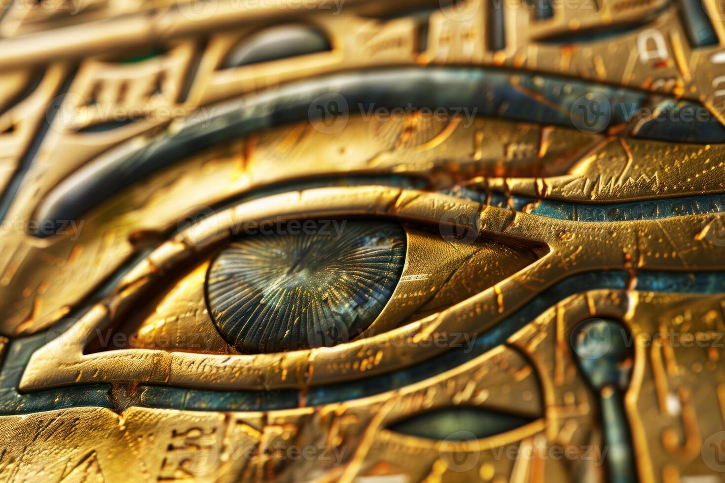 Eye of horus shining in gold and blue, representing ancient egyptian mythology photo