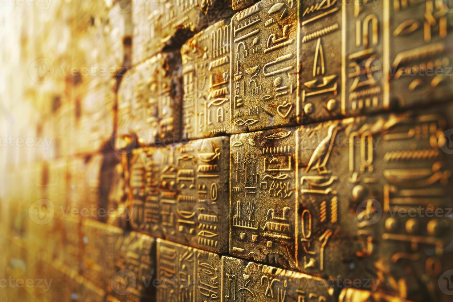 Golden wall showing ancient egyptian hieroglyphs carvings photo