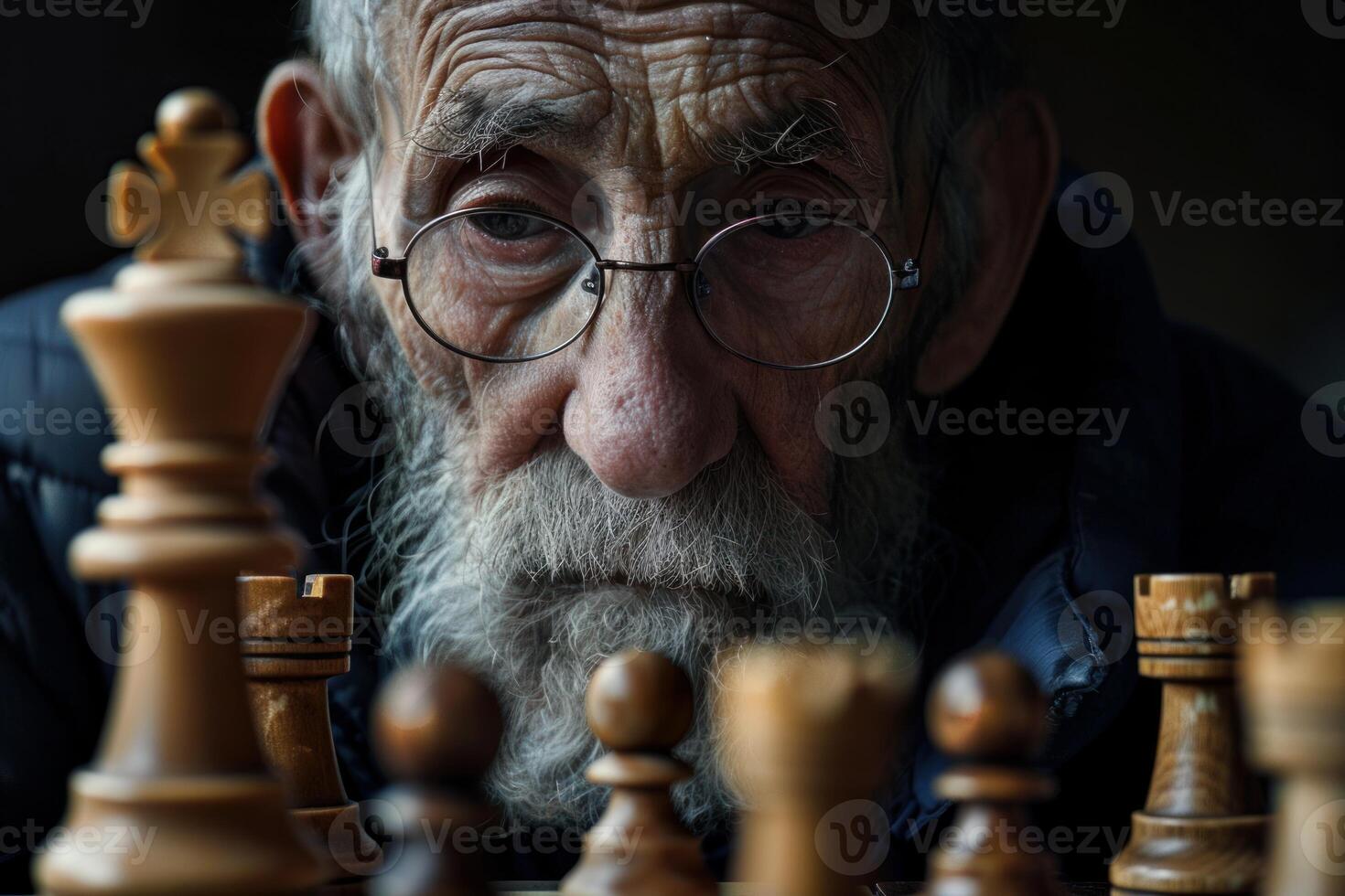 Senior man playing chess, focusing on the next move photo