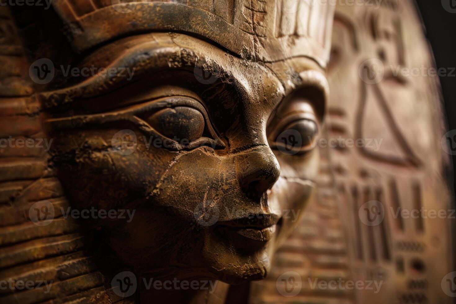 Close up of ancient egyptian pharaoh sculpture showing intricate details photo