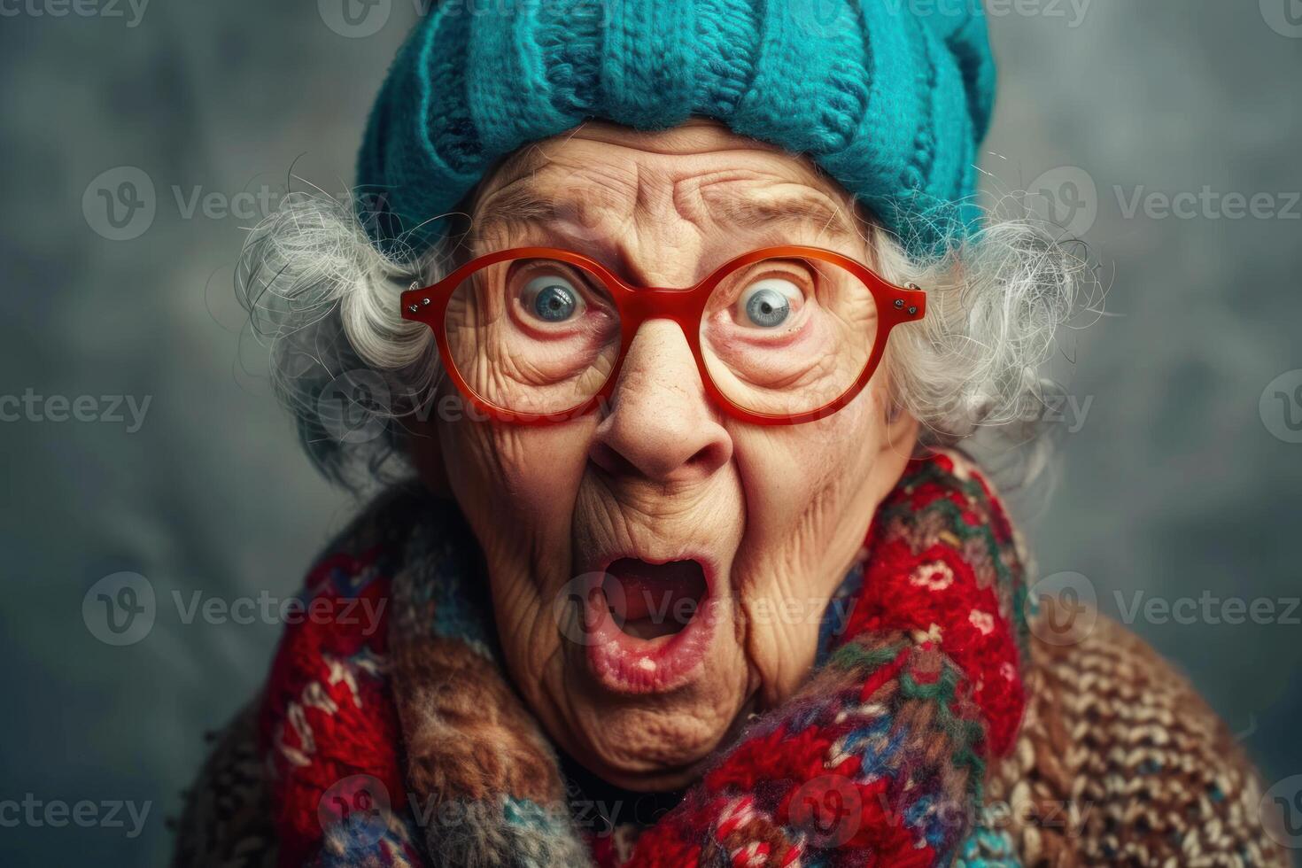 Surprised senior woman wearing knitted winter turquoise beanie and red glasses showing astonishment photo