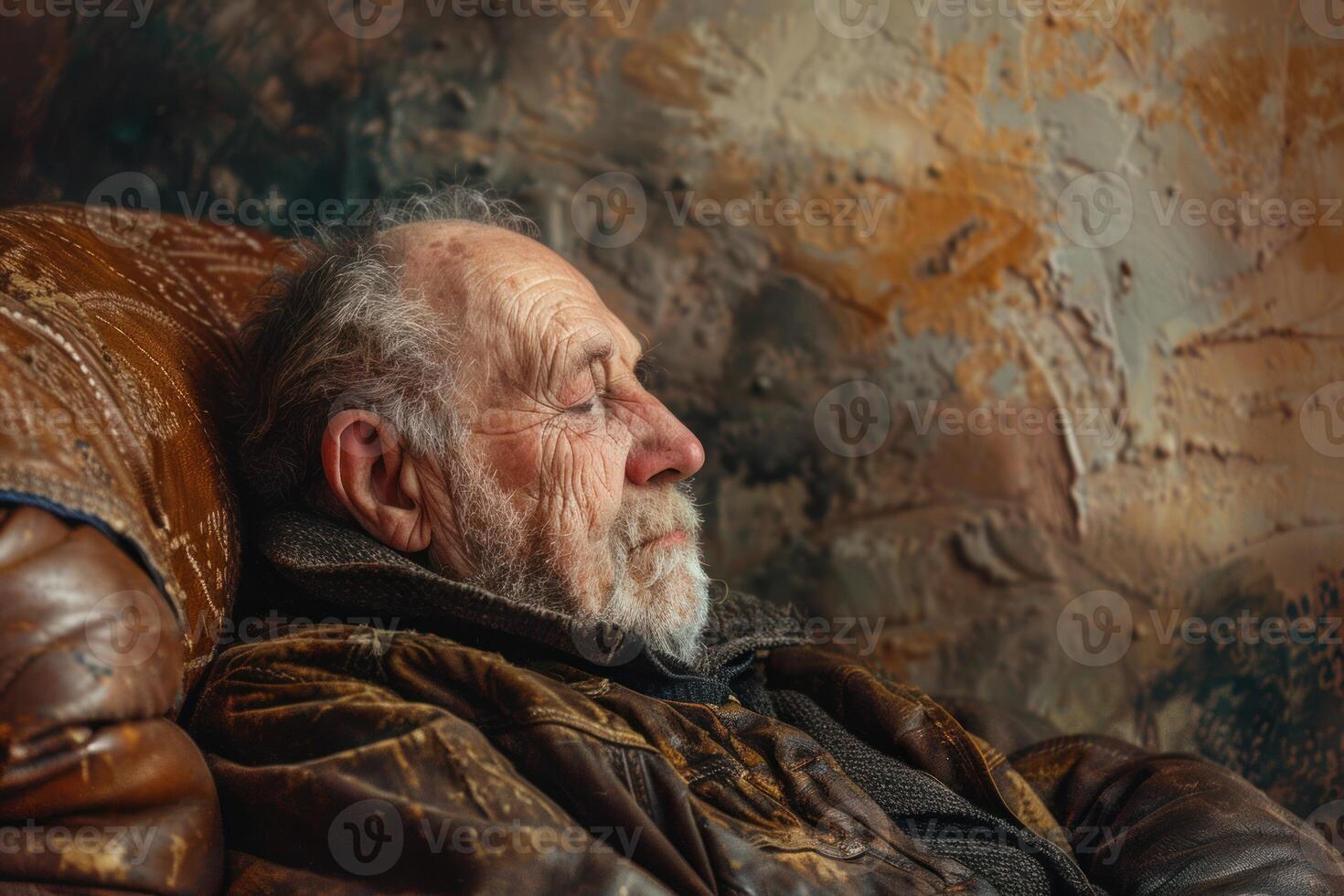Senior man sleeping peacefully in worn leather armchair photo