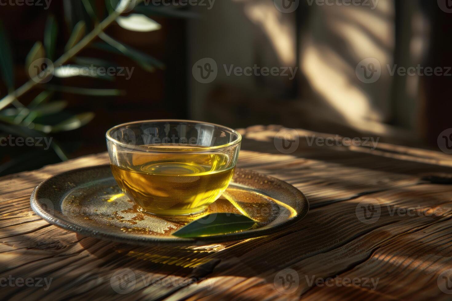 Glass cup filled with golden olive oil on rustic wooden table photo