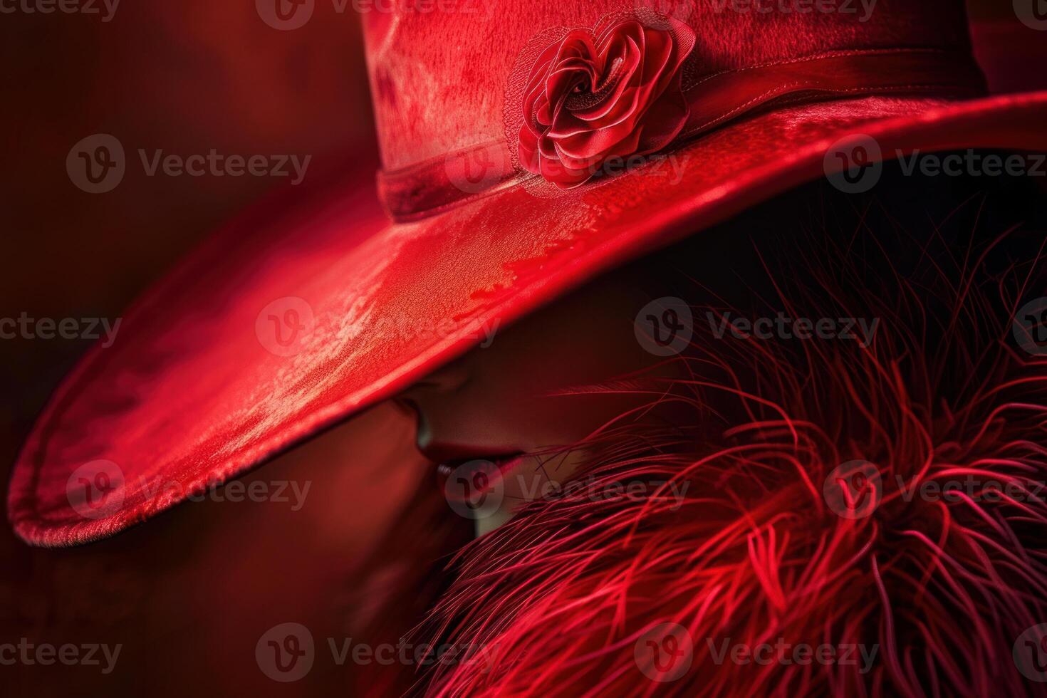Elegant woman wearing red hat and feather boa hiding her face photo