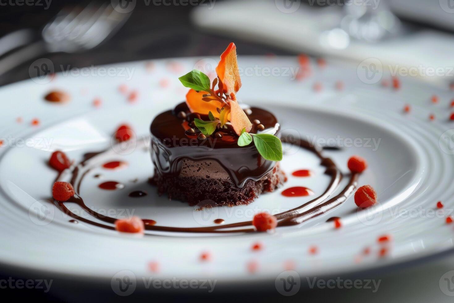 Delicious chocolate dessert garnished with fresh herbs and red berries on elegant white plate photo