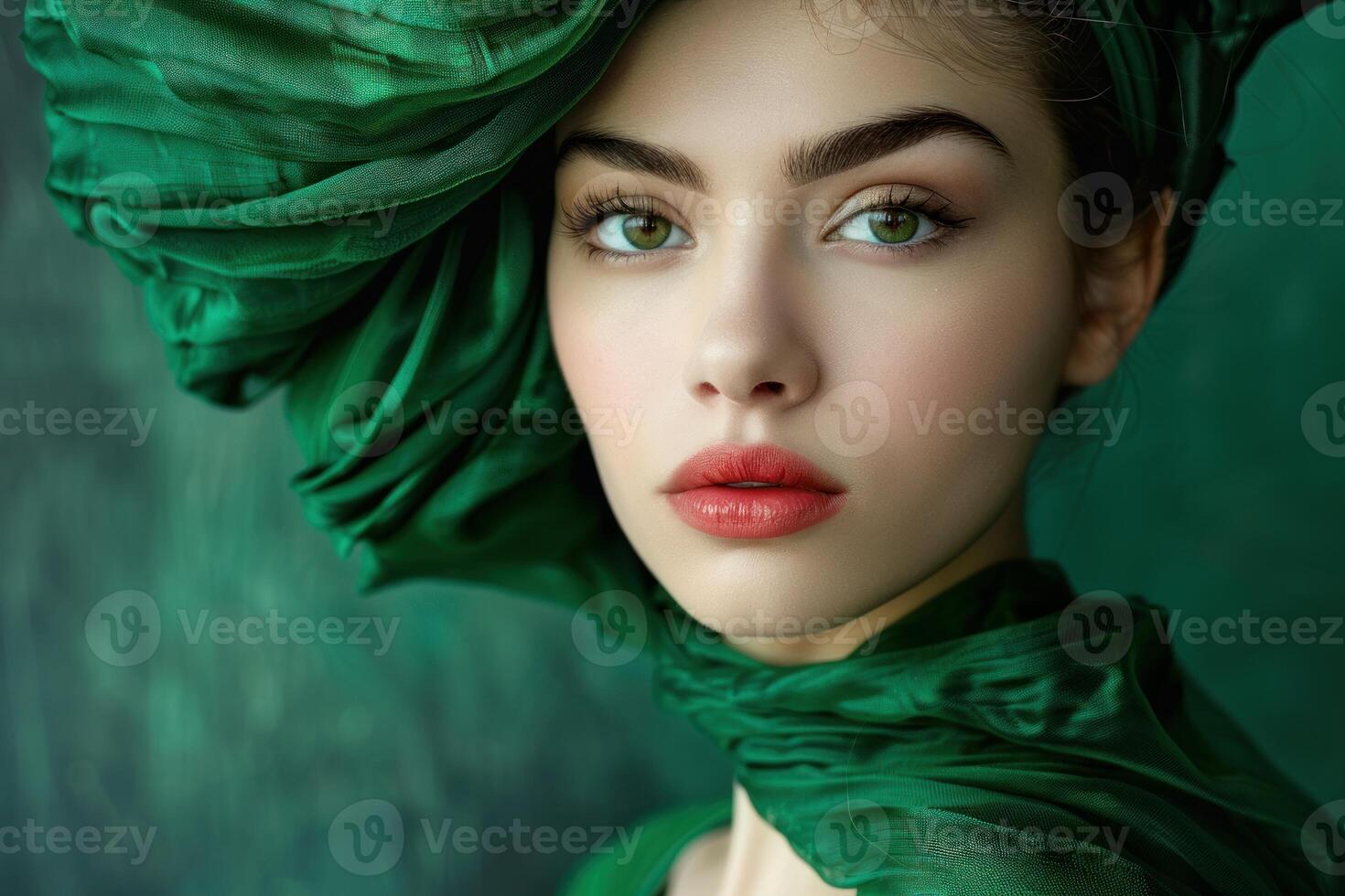 Fashion model posing with elegant green turban and scarf photo