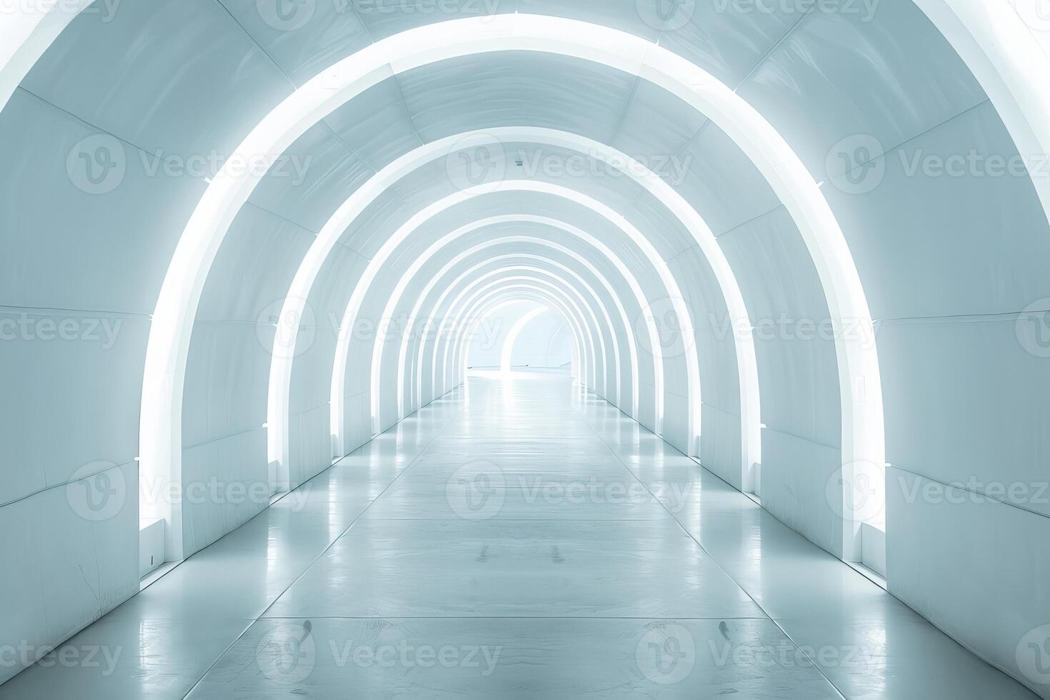 Bright white futuristic tunnel with neon lights illuminating the corridor photo