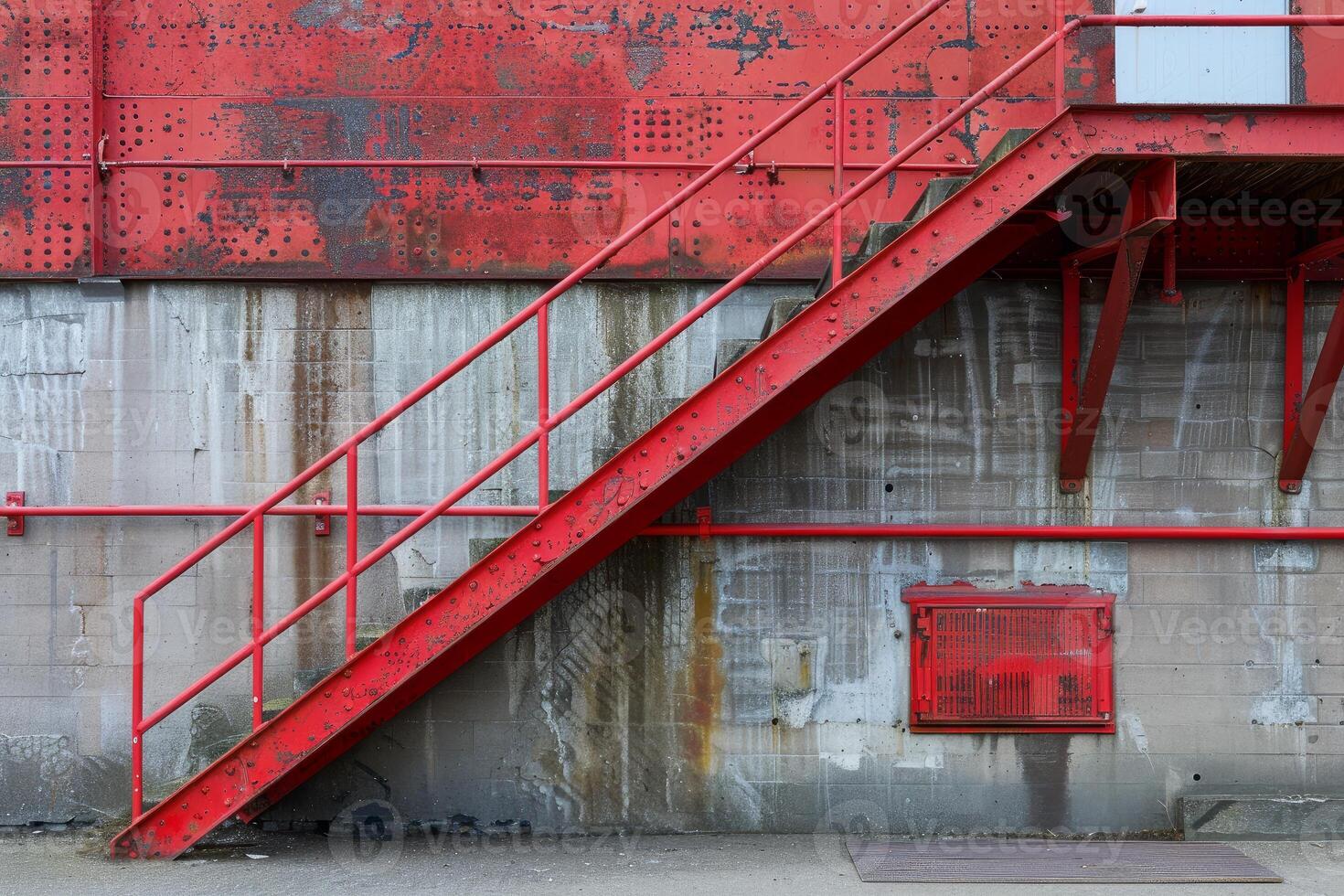 Red industrial staircase leading to an elevated platform on a building photo