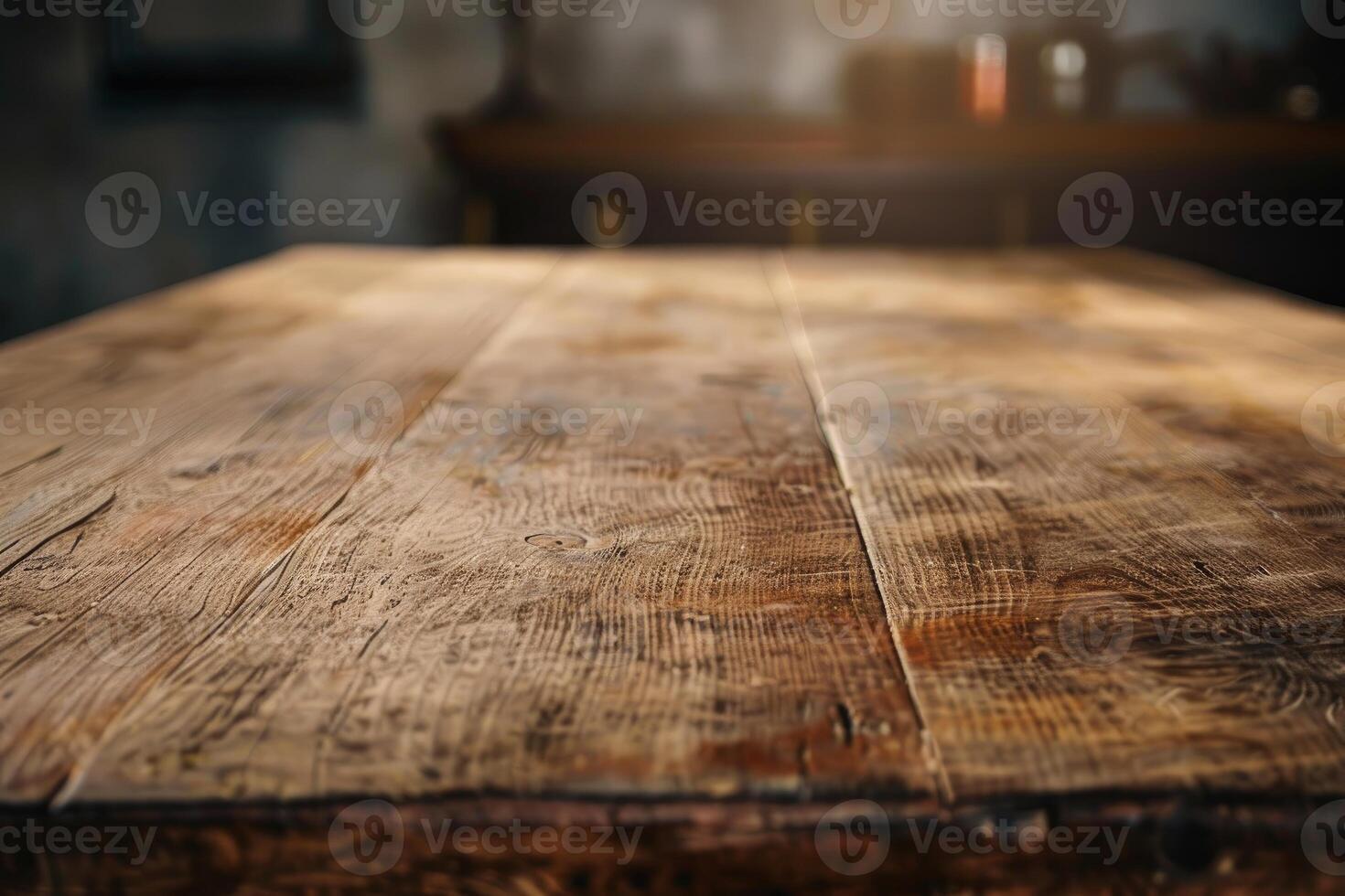 Rustic wooden tabletop with warm bokeh background photo