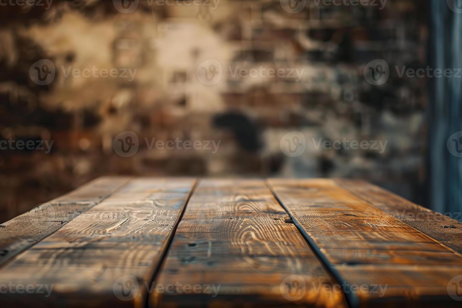 Empty wooden table with blurred rustic background for product placement photo