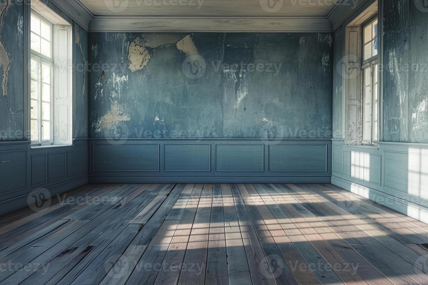 Sunlight illuminating empty room with weathered walls and wooden floorboards photo