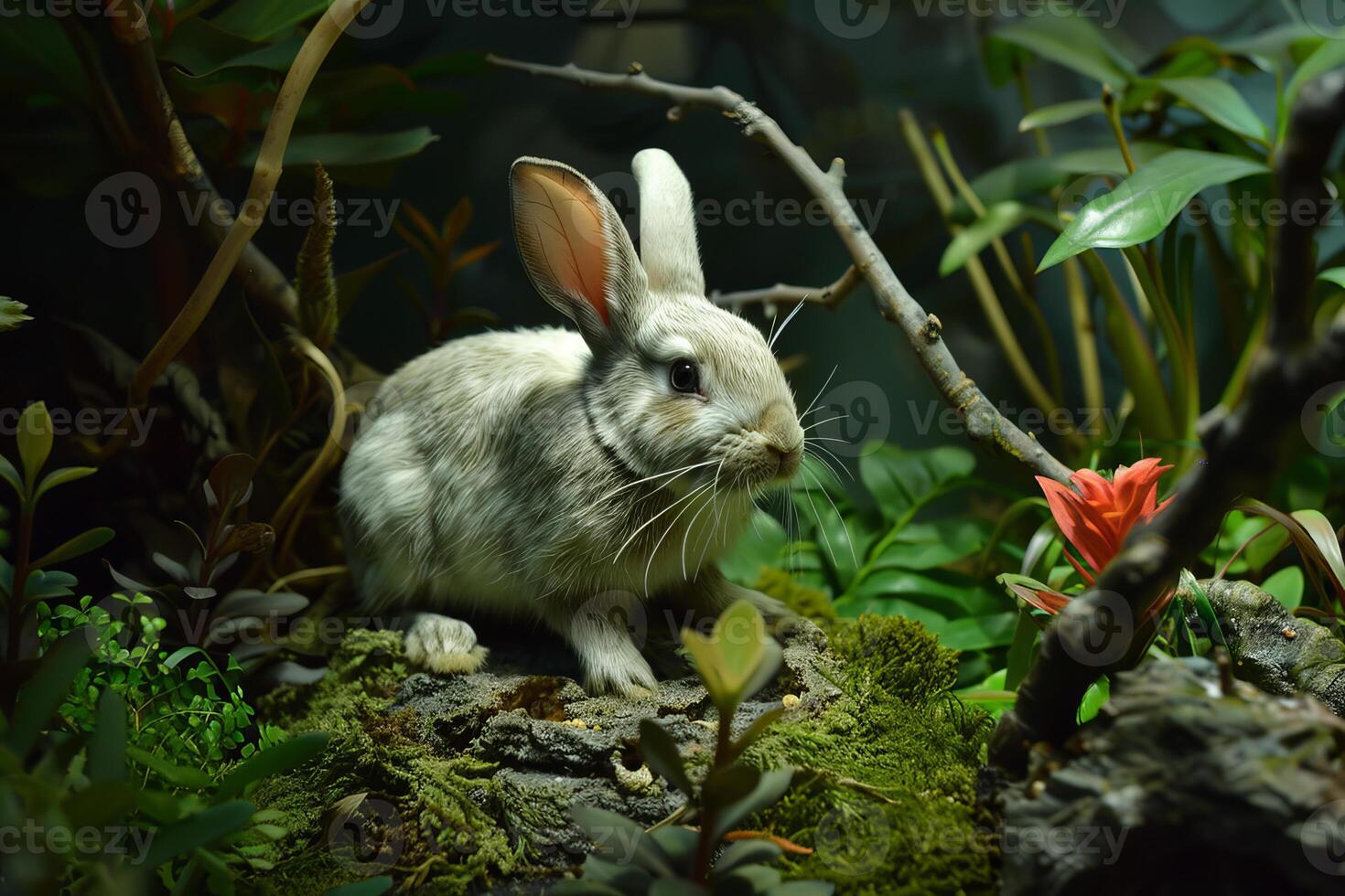 Cute rabbit exploring lush green habitat with red flower photo