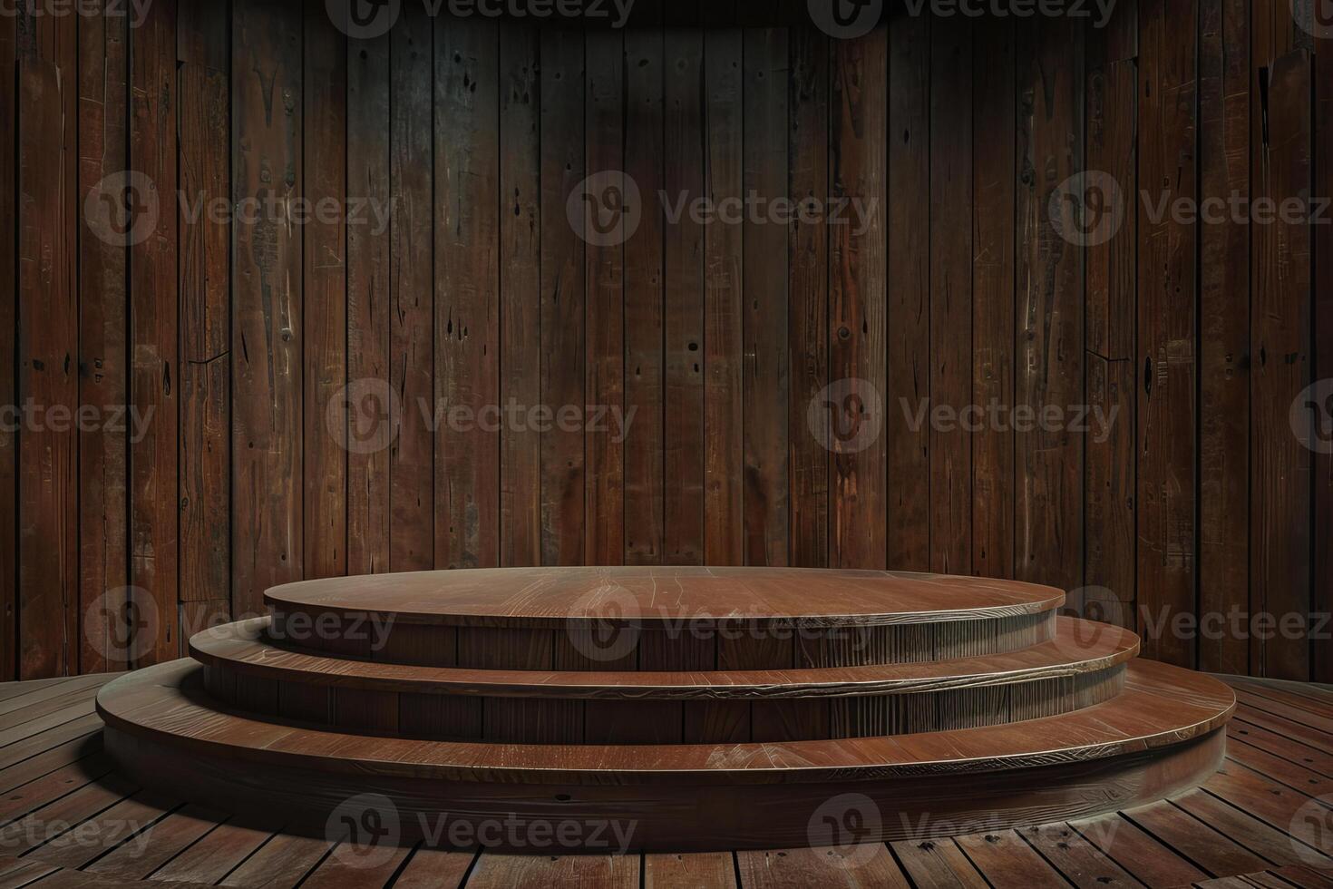 Round wooden podium displaying products on rustic barn wood background photo