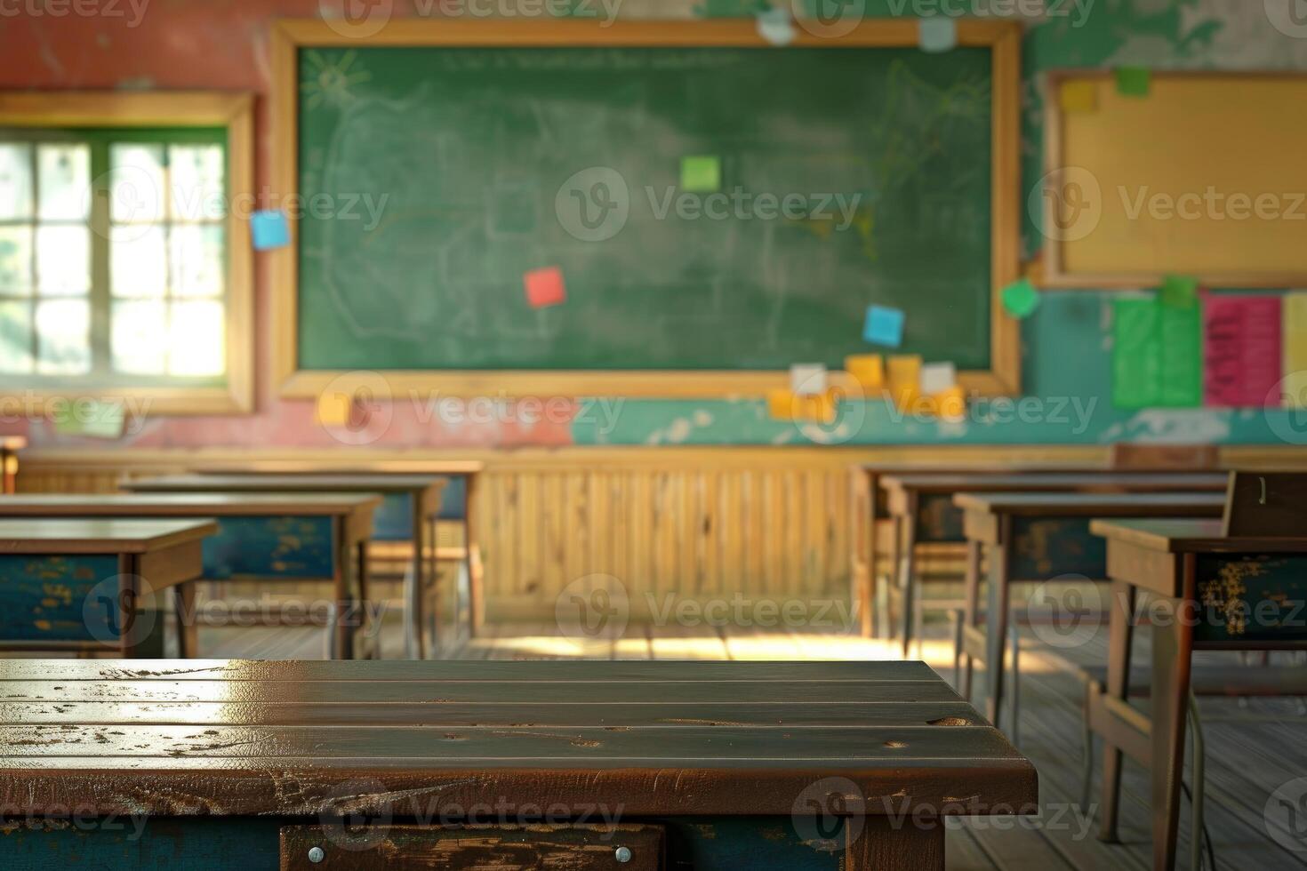 Empty classroom with wooden table in foreground and chalkboard background photo