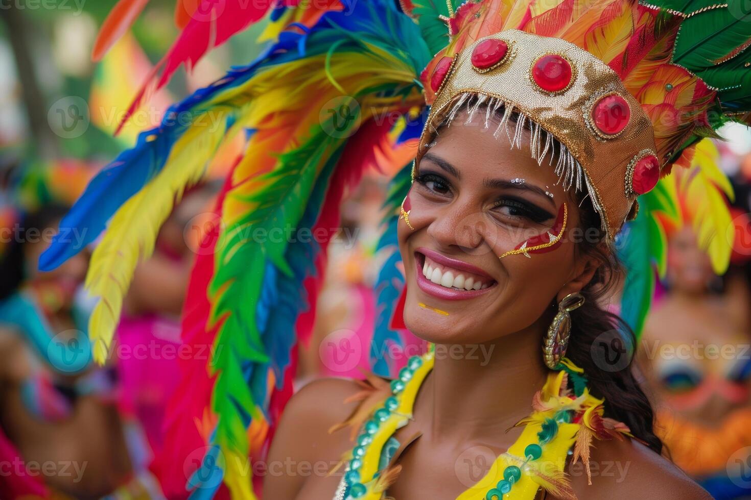 Brazilian samba dancer smiling with colorful feathers costume during carnival parade photo